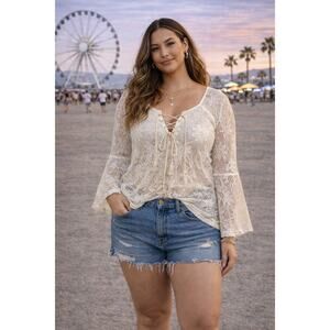 Ivory Crochet Lace Boho Top Lace-Up Front Sheer Festival XL